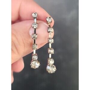 Clear Rhinestone Dangling Pierced Earrings Vintage Costume Jewelry, READ